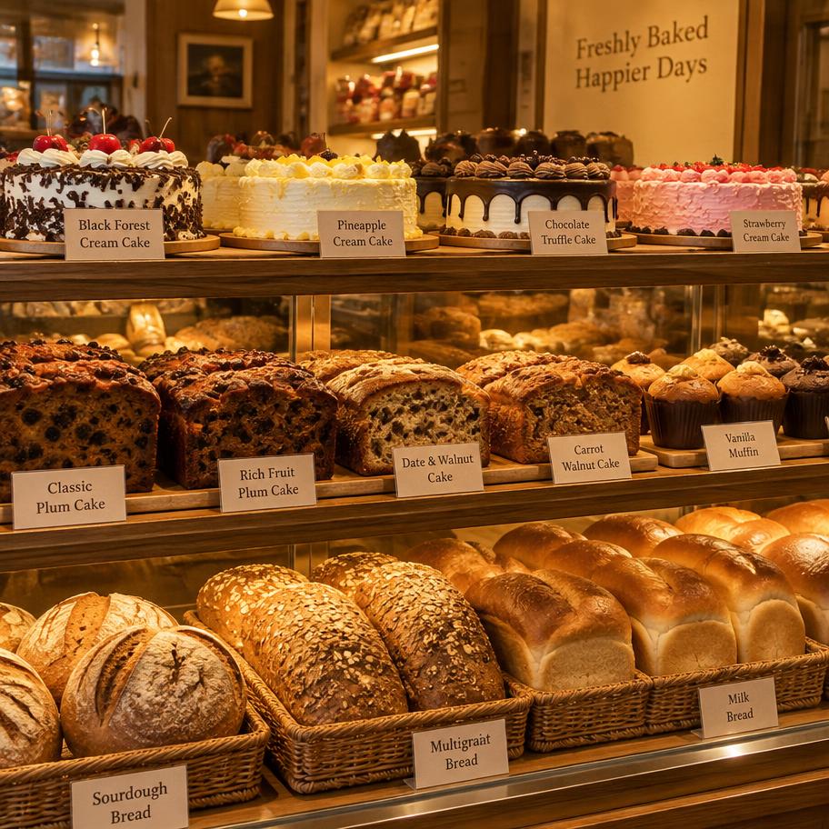 Shelves of cakes and fresh bread at the bakery