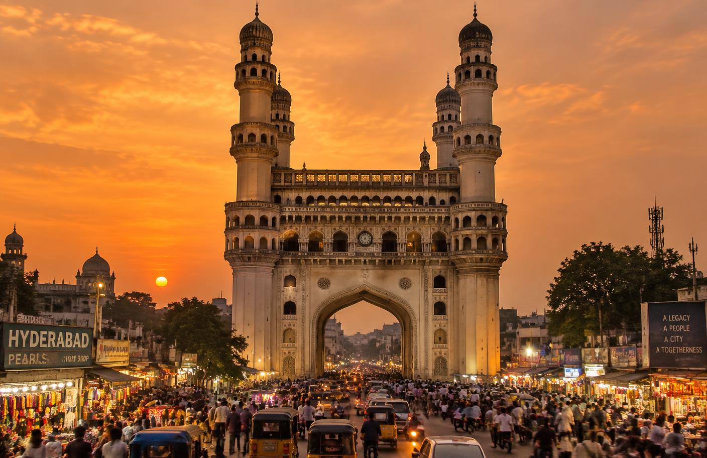 The Charminar in Hyderabad at dusk