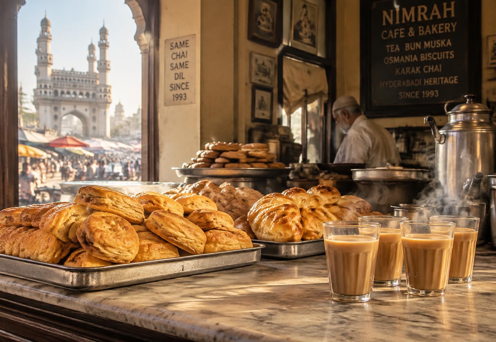 Trays of fresh bakes and glasses of Irani chai at Farasha Cafe near the Charminar